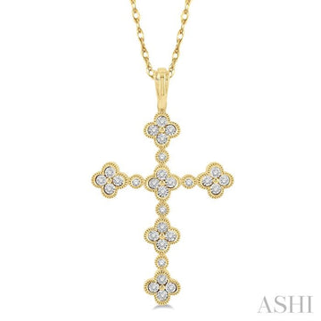 1/8 Ctw Floral Cross Round Cut Diamond Pendant With Link Chain in 10K Yellow Gold
